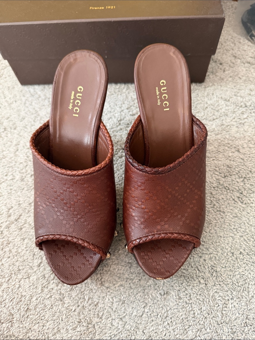 Gucci Brown Braided Leather Open-Toe Slide Mules